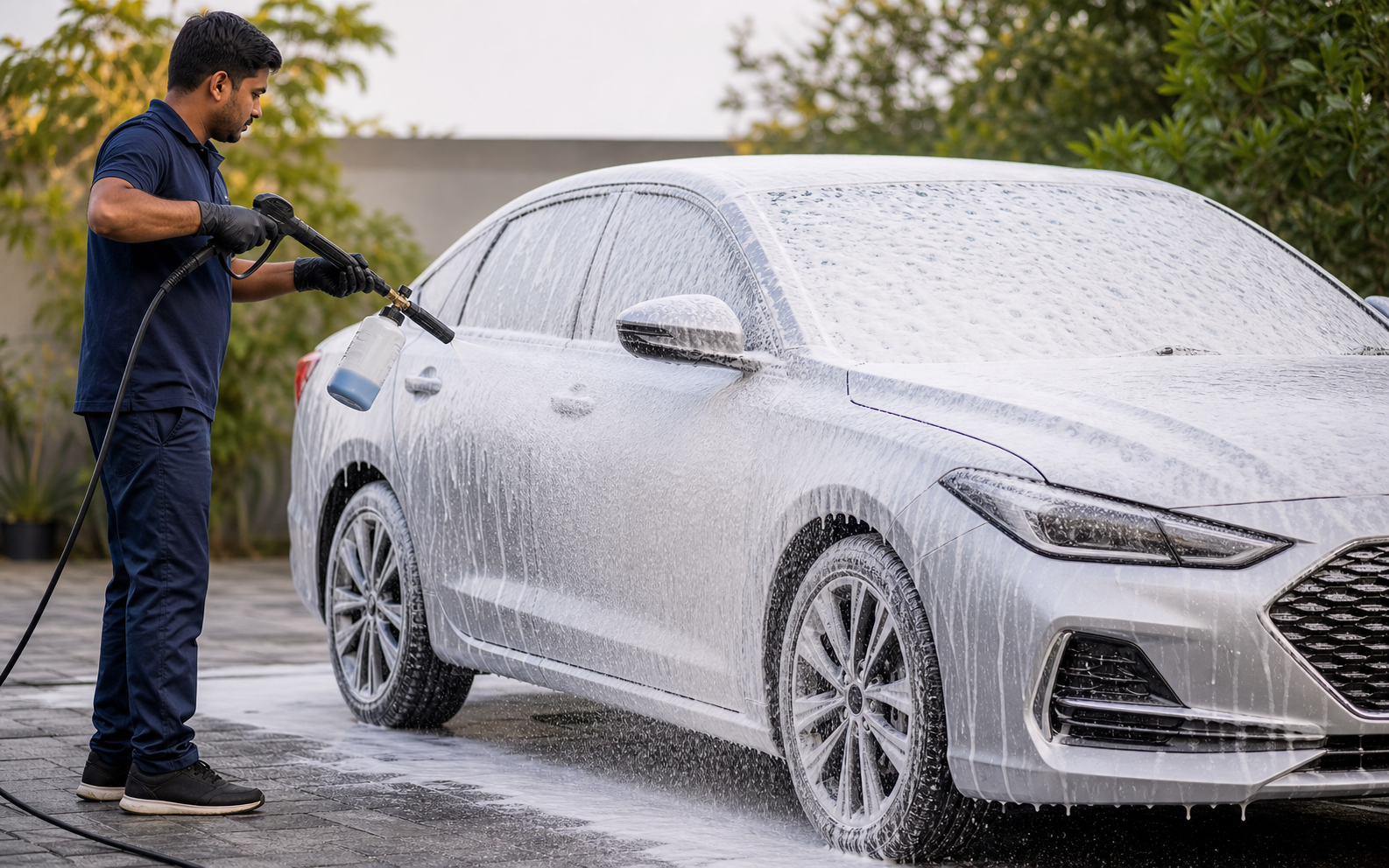 A professional applying foam to a car during a doorstep wash