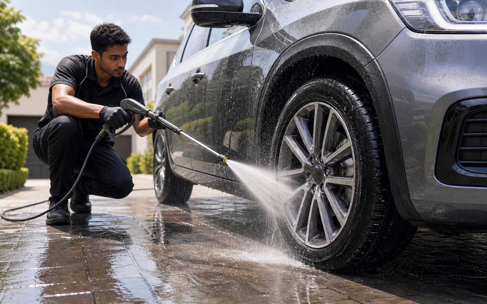 Exterior wheel and body cleaning with a pressure washer